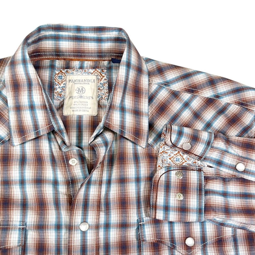Panhandle Rough Stock Medium‎ Brown Blue Plaid Pearl Snap Western Shirt Cowboy